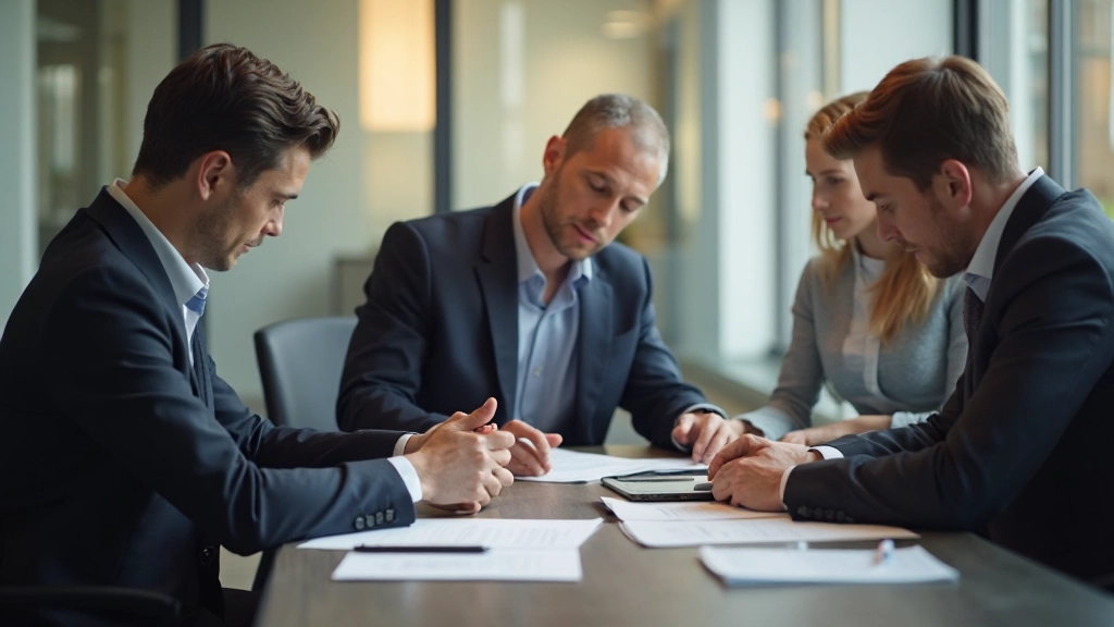 Zwei professionelle Männer in Geschäftsbesprechung mit Dokumenten