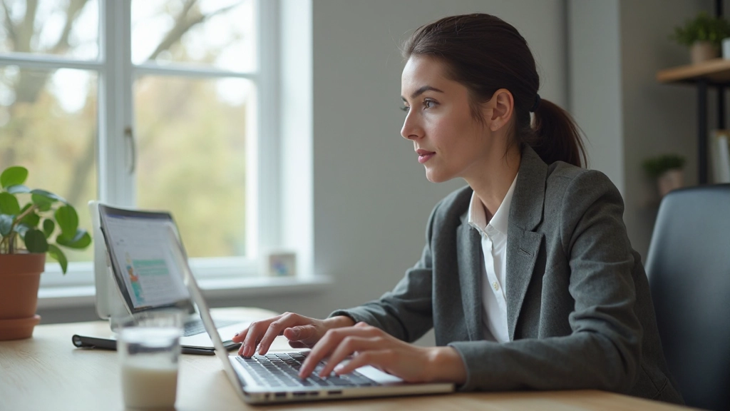 Berufstätige Frau mit zwei Händen sichtbar, arbeitet konzentriert an Laptop, LinkedIn-Profil auf dem Bildschirm, moderner Schreibtisch, natürliches Tageslicht von links, freundlicher Ausdruck, kein sichtbarer Text auf dem Bildschirm