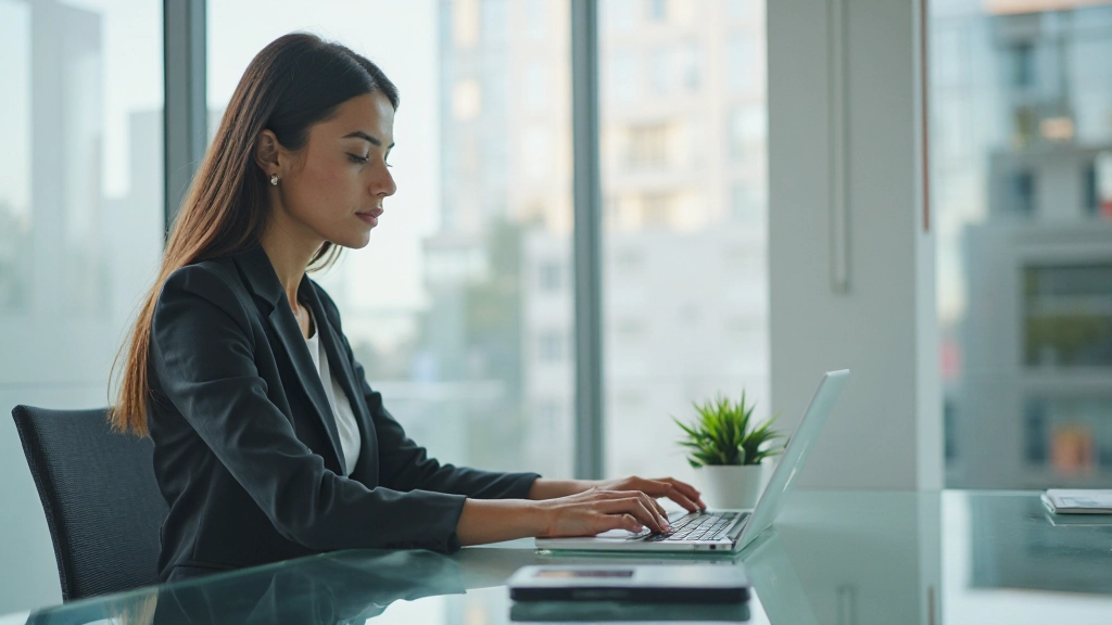 Professionelle Geschäftsfrau in modernem Büro mit Laptop und Notizen