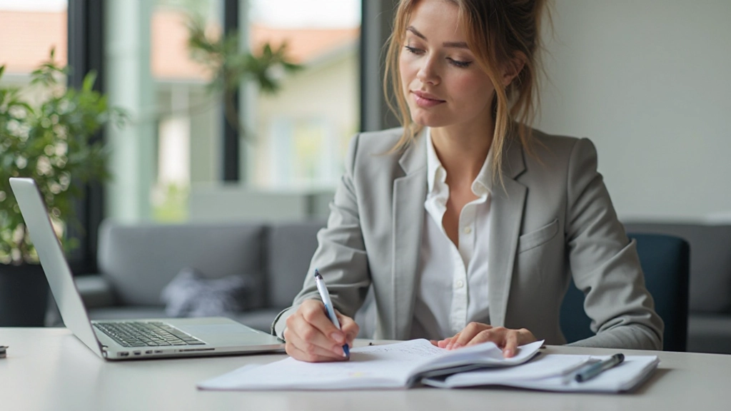 Professionelle Arbeitsperson bei der Planung ihrer Karriereziele am Schreibtisch mit Notizbuch und Laptop