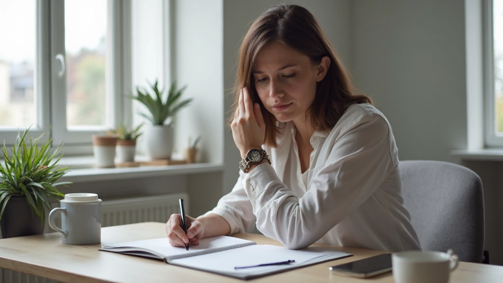 Person mit zwei sichtbaren Händen schreibt in Notizbuch, sitzt am Schreibtisch mit Planer und Kaffee, konzentrierter Ausdruck, natürliches Tageslicht, moderner Arbeitsbereich, klare Körperhaltung