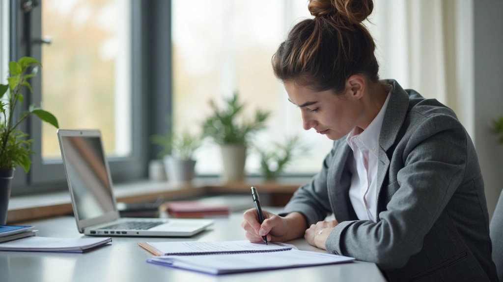 Geschäftsmensch erstellt Karriereplan am Schreibtisch mit Notizen