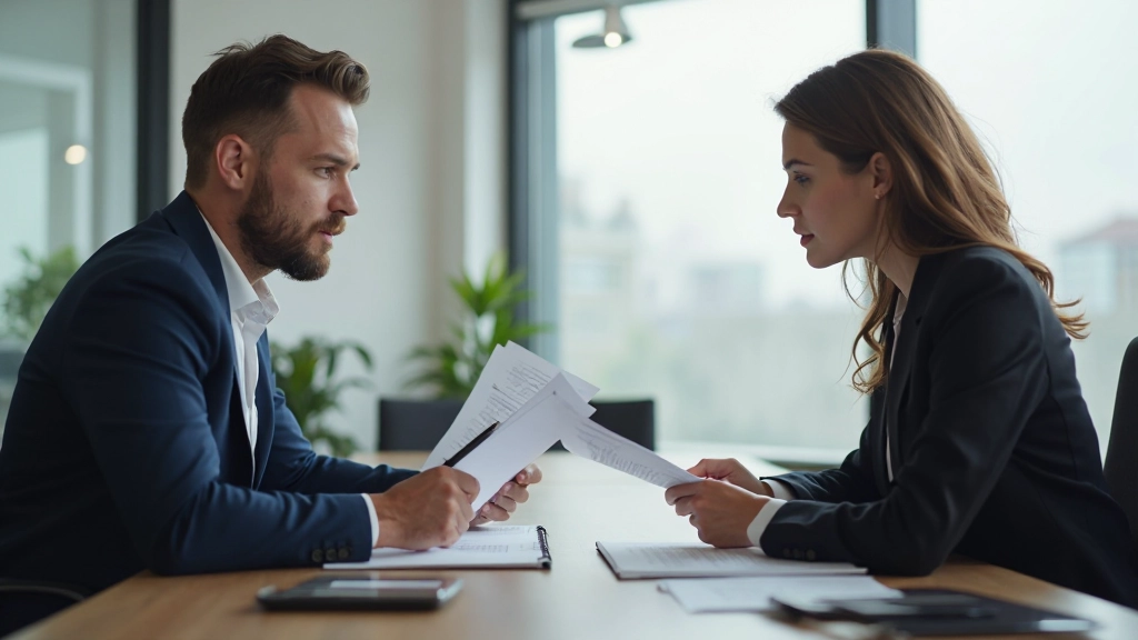 Zwei professionelle Männer in Geschäftsbesprechung mit Dokumenten