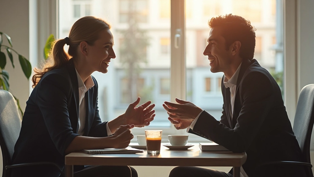 Zwei Fachleute im modernen Büro diskutieren professionell bei Kaffee, offene Körpersprache, natürliches Tageslicht, freundliche Atmosphäre