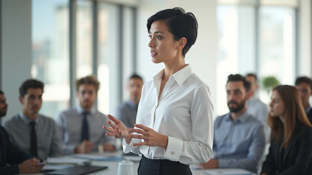 Frau während Präsentation vor Publikum in Konferenzraum