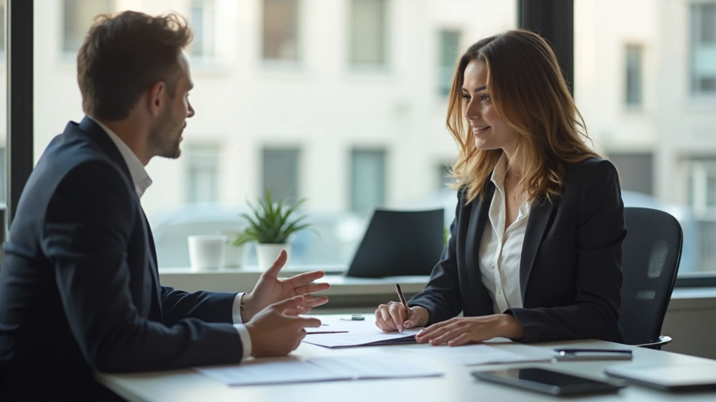 Professionelle Geschäftsfrau bei Gehaltsverhandlung mit Arbeitgeber am Schreibtisch