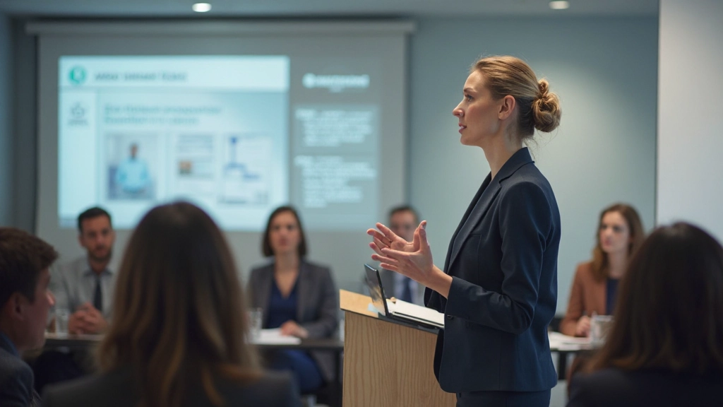Frau während Präsentation vor Publikum in Konferenzraum